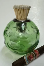Vintage Gorgeous Faceted MATCH HOLDER & Striker Green Glass Ball Stick Match