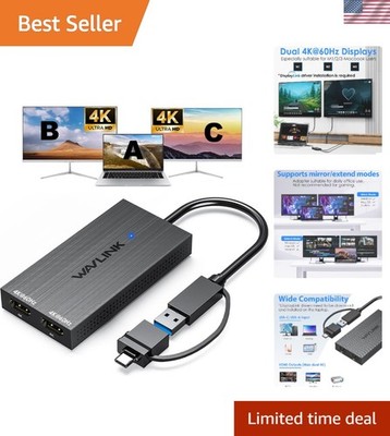 USB 3.0 & USB C to Dual HDMI Adapter 4K@60Hz for 2 Monitors, DisplayLink USB ...