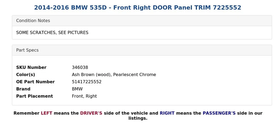 BMW 535D 2014-2016 - Panel puerta delantera derecha embellecedor 7225552 Foto 4 de 4