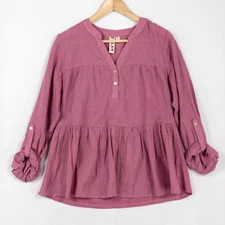 Dolan Top Womens Medium Purple Pink Popover Swiss Dot Roll Tab Sleeve Casual *