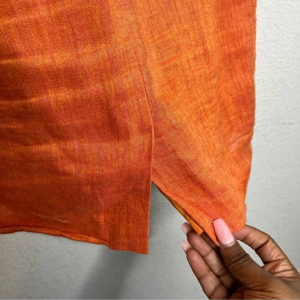 Talbots Women 100% Linen Mini Dress 2P Orange Embroidered V-Neck Empire Waist - Image 3 of 4