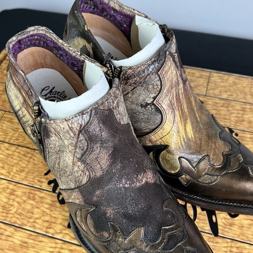 Vintage Women’s 7.5 Lucchese Charlie Horse Cafe Brush Calf Booties Metallic NEW - Picture 10 of 11