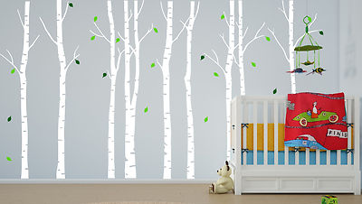 Large Birch Tree Wall Decal Sticker - 9-Tree Forest Removable Vinyl, White, Covers 13-16ft, For Kids Room Nursery Decor