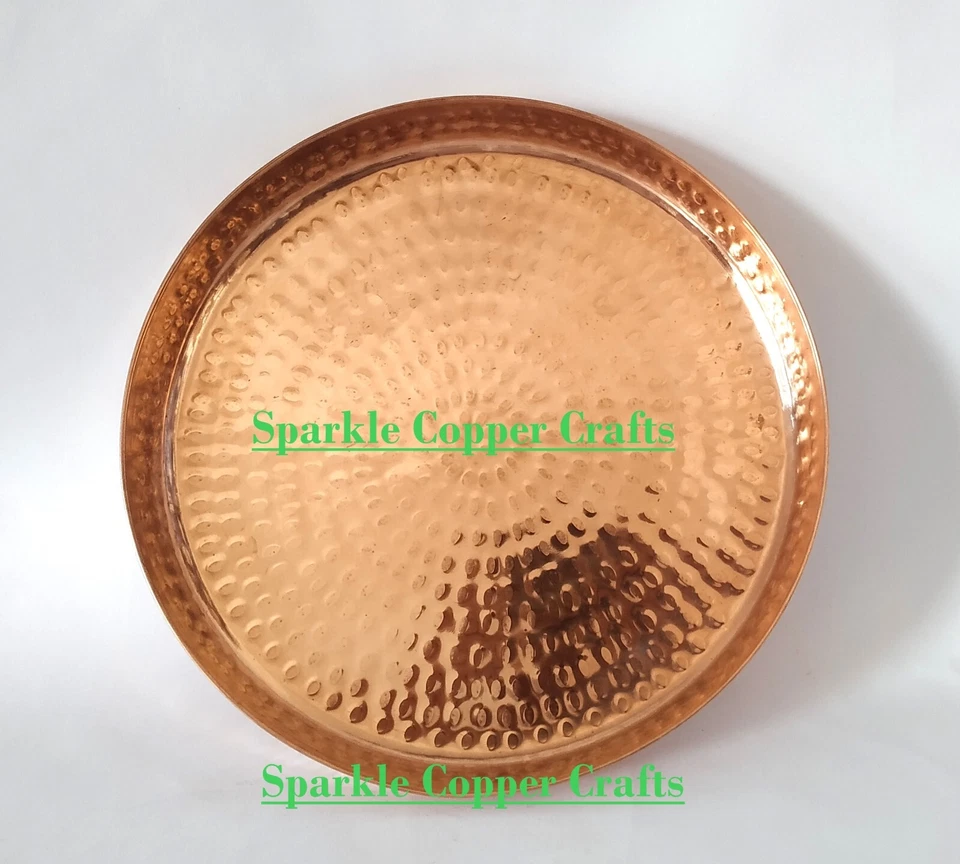12 inch Handmade Hammered Design Food Serving Pure Water serving Copper Tray - Image 3 of 4