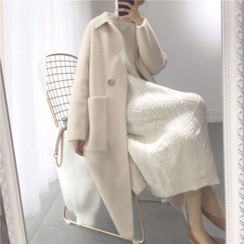 Elegant Womens Cashmere Outwear Jacket  Mink Fur Loose Long Cardigan Coat Trench - Afbeelding 1 van 8