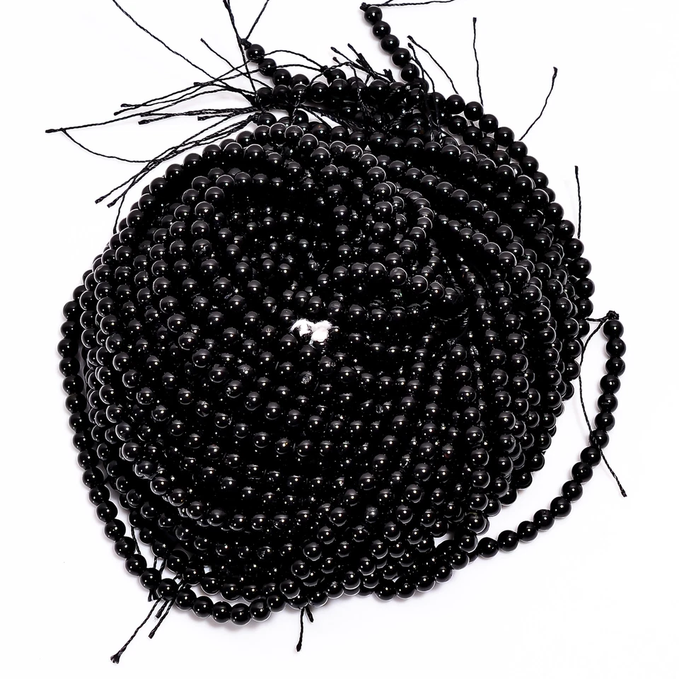 Cuentas lisas redondas de piedras preciosas de turmalina negra natural 4x4,5 mm hilo 15" EB626 Foto 2 de 3