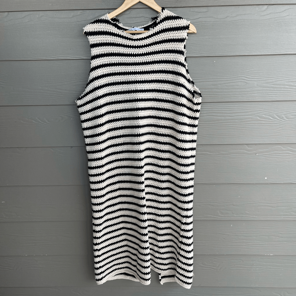 zara black and white crochet dress NWT~ZARA~Black/White CROCHET Knit BACK V-Neck MINI Dress~S (M)~NEW!