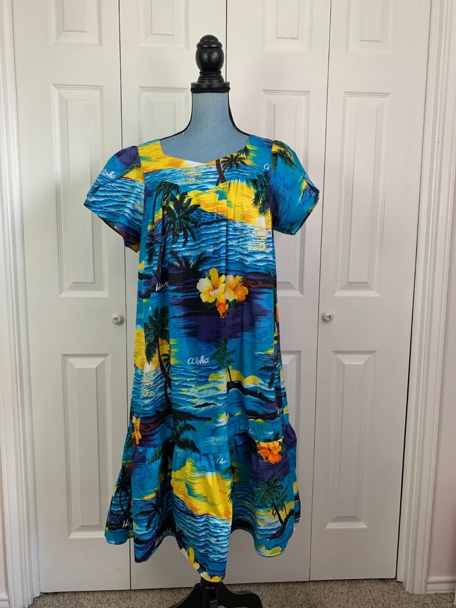 Vintage Ali'i Fashions Hawaii Hawaiian Dress Mumu Blue Floral
