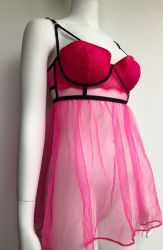 Victoria's Secret Dessous Babydoll Spitze Netz neonrosa 34B Neu mit Etikett - Bild 2 von 3