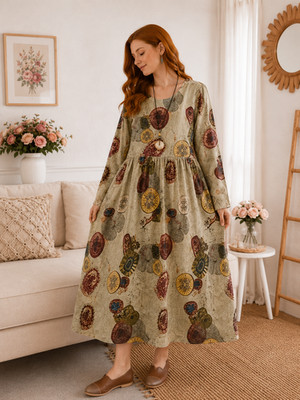  Kleid Taschen Leinen L 40 XL 42 oversize abstrakt Mandala Vintage Retro grau