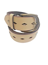 FRYE Khaki Beige Leather Belt Womens Size M DC1375C Diamond Stud Laser Cut Outs