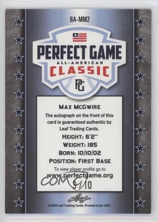 2020 Leaf Perfect Game All-American Classic Metal Green /10 Max McGwire Auto - Image 2 of 2