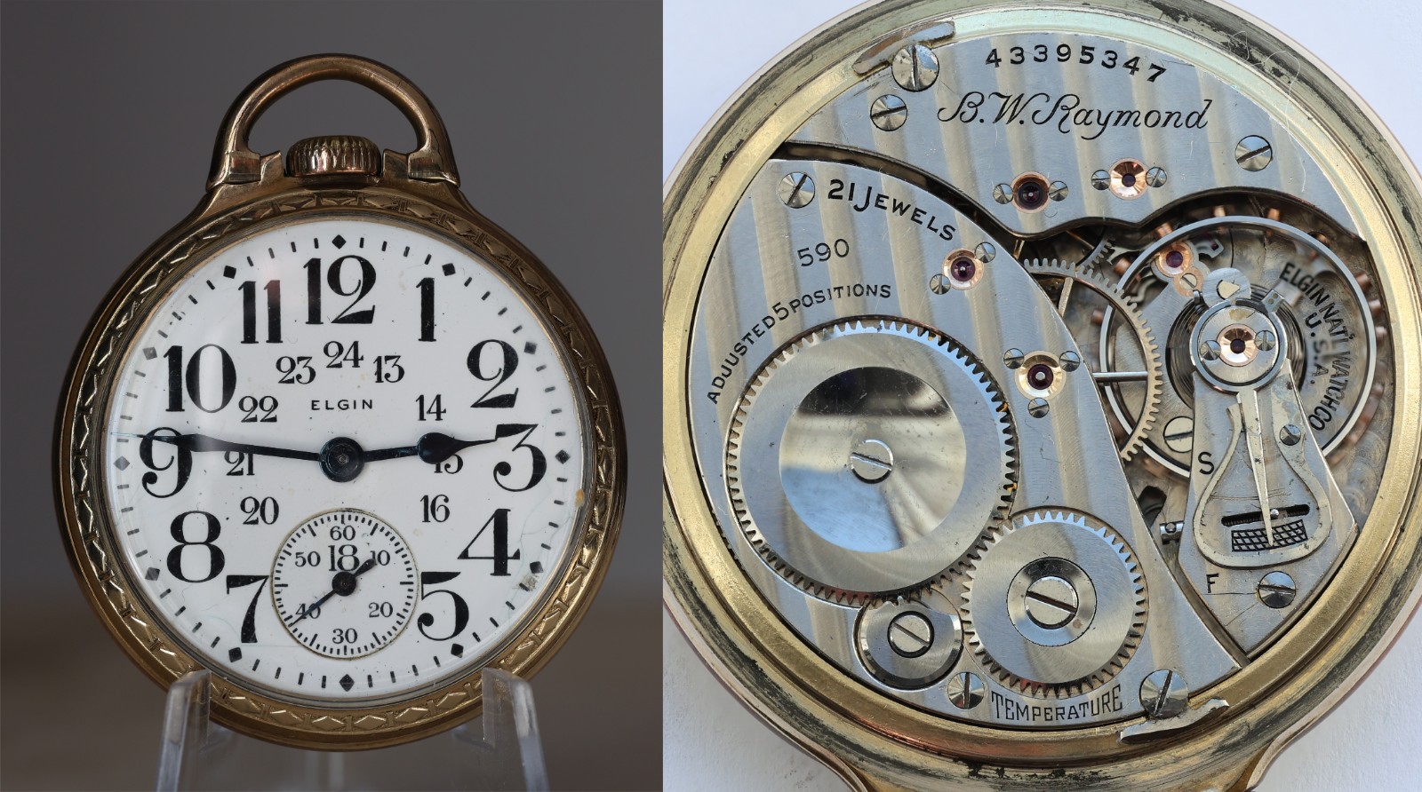 1946 ELGIN USA 16s BW RAYMOND 21J Mod 15 Gr. 590 Railroad GF POCKET WATCH Ticks