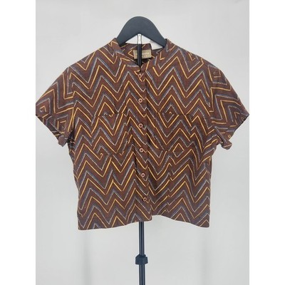 Liz Claiborne Lizwear Brown Chevron Linen Cotton Button Down Shirt Womens 10