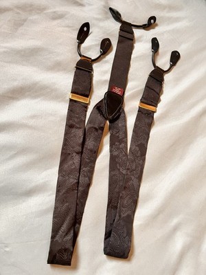 Vtg Made in England Paisley Suspenders Braces Leather Button Ends Gold Hardware