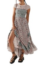 Free People One I Love NWT Sz Sm pink/green Floral Ruffle Midi Dress Lace Up  