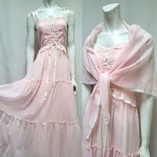 Vintage 1970s Pink Cotton Voile Tiered Boho Prairie Dress  Shawl - Size XS