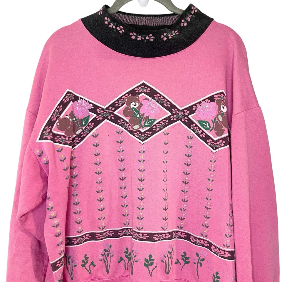 Sudadera De Colección Años 80 90 Osos de Peluche Floral Rosa Crew Cottagecore Pradera Pequeña Foto 3 de 4
