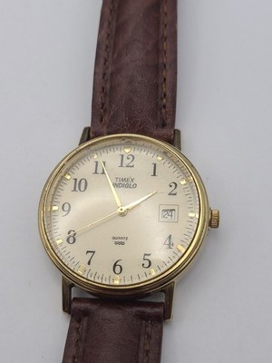 Timex Indiglo Analog Quartz Mens Watch Gold Tone Brown Band New Battery Working