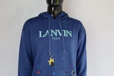 LANVIN Paris Blue Hoodie – Embroidered Logo, Paint Splatter Design, size M