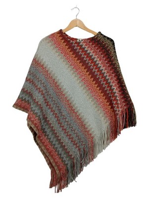 Peckott Poncho Damen S/M Mehrfarbig Bohemian Fransen Strick