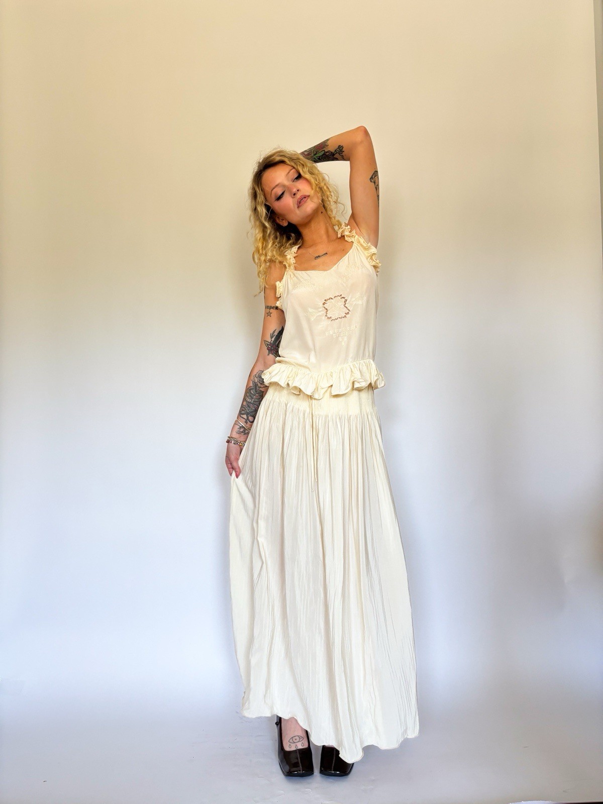 Conjunto de dos piezas de seda eduardiana a juego falda top traje de novia antiguo de colección