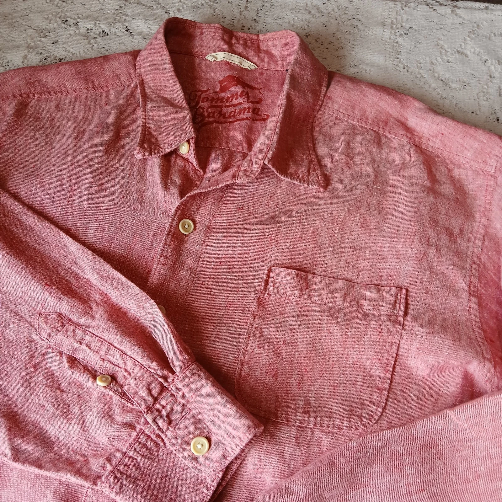 Tommy Bahama Relax 100% Linen Shirt Mens XXL Long Sleeve Button Up Red Light Wgt