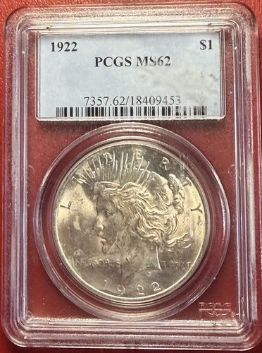 1922 $1 Peace Dollar. PCGS MS62. Free Shipping