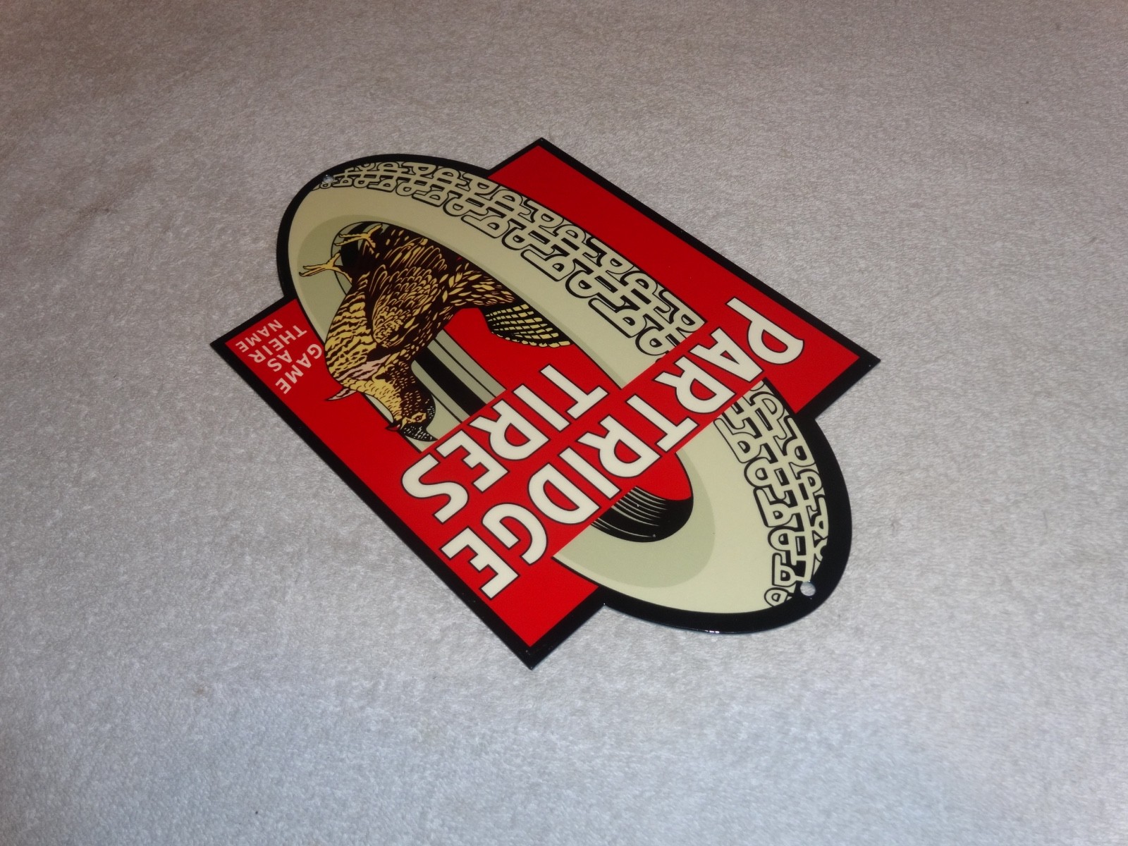 VINTAGE "PARTRIDGE TIRES" W/ HEN / ROOSTER 12" METAL TIRE GAME GASOLINE OIL SIGN