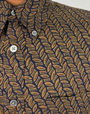 Vintage 90s Geometric Shirt Men Medium Leaf Pattern Navy Brown Button Up Cotton