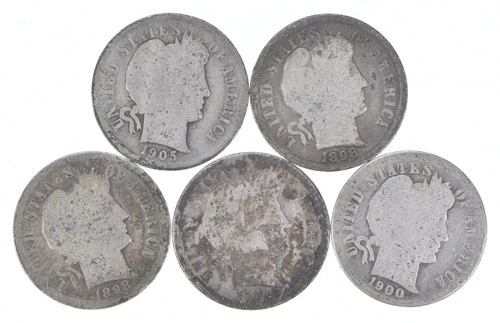 Better Lot 5 1905-S 1898 1898 1906-S 1900-S Barber Dime 0.50 Face *240
