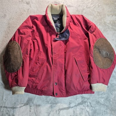 VTG 90s Y2K Mens XL Nautica Jacket Duck Down Puffer Outerwear Elbow Patches Red