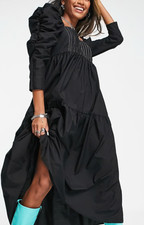 Topshop Women's Ruched Sleeve Black Poplin Midi Dress Whimsigoth Witchy Size 6