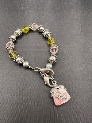 Little Girls Silver Metal Beaded Bracelet For Child Or Baby Pink Green Jewelry