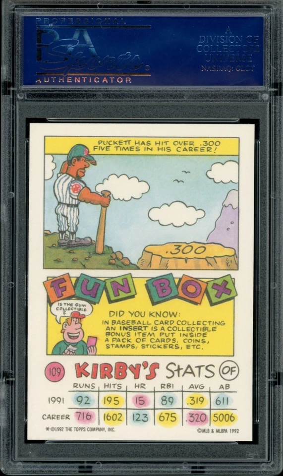 KIRBY PUCKETT PSA 10 1992 Topps Kids #109 C2 - Image 2 of 2