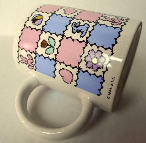 Easter Mug Pastel Pink and Blue Colors Bunnies Eggs and Hearts Decorated - Picture 3 of 5