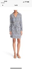 TORY BURCH Drawstring Tile Print Silk Shirtdress Riviera Blue  Sz 0