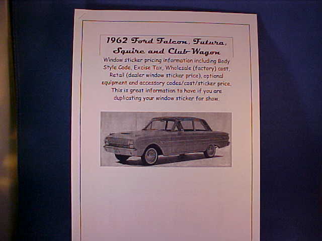 1962 Ford FALCON cost/dealer retail window sticker pricing for car