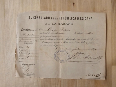 Cuban Cuba Letter 1880 MEXICO MEXICAN EMBASSY Nationality Certificate DOCUMENT!