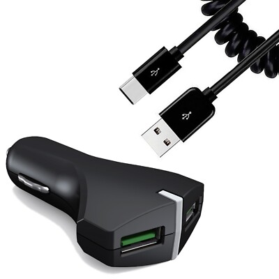 Car Charger 36W Fast 2-Port USB Coiled Cable Type-C Quick Charge for Cell Phones