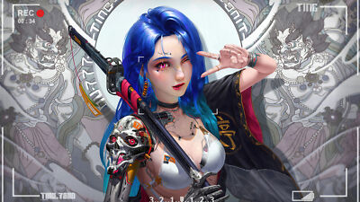 Anime girls cyberpunk samurai blue hair purple eyes Playmat Game Mat Desk