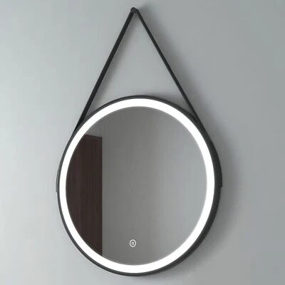 EMKE Black Round Led Bathroom Mirror Lights Leather Strap Wall Hanging 50cm 60cm