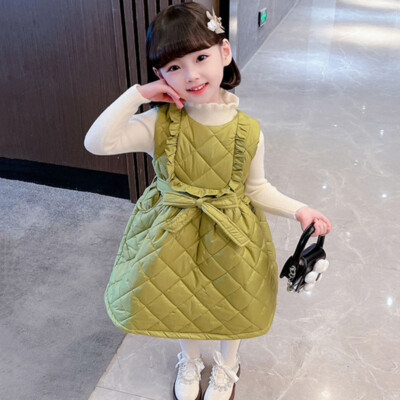 Sleeveless Kids Girl Padded Quilted Tank Dress Warm Ruffle Belted A-line  Dress | eBay