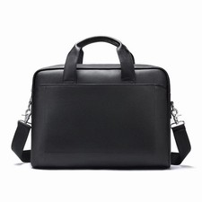Leather Laptop Briefcase, Black, Adjustable Shoulder Strap, Solid Pattern
