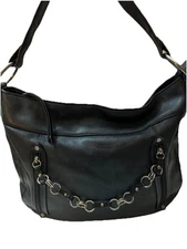 Kenneth Cole Reaction Black Leather Shoulder Bag Front Vertical Zippers W/Chain