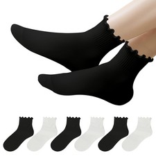 6 Pairs Women Ruffle Ankle Socks Cute Lettuce Edge Frilly Cuff Cotton Crew