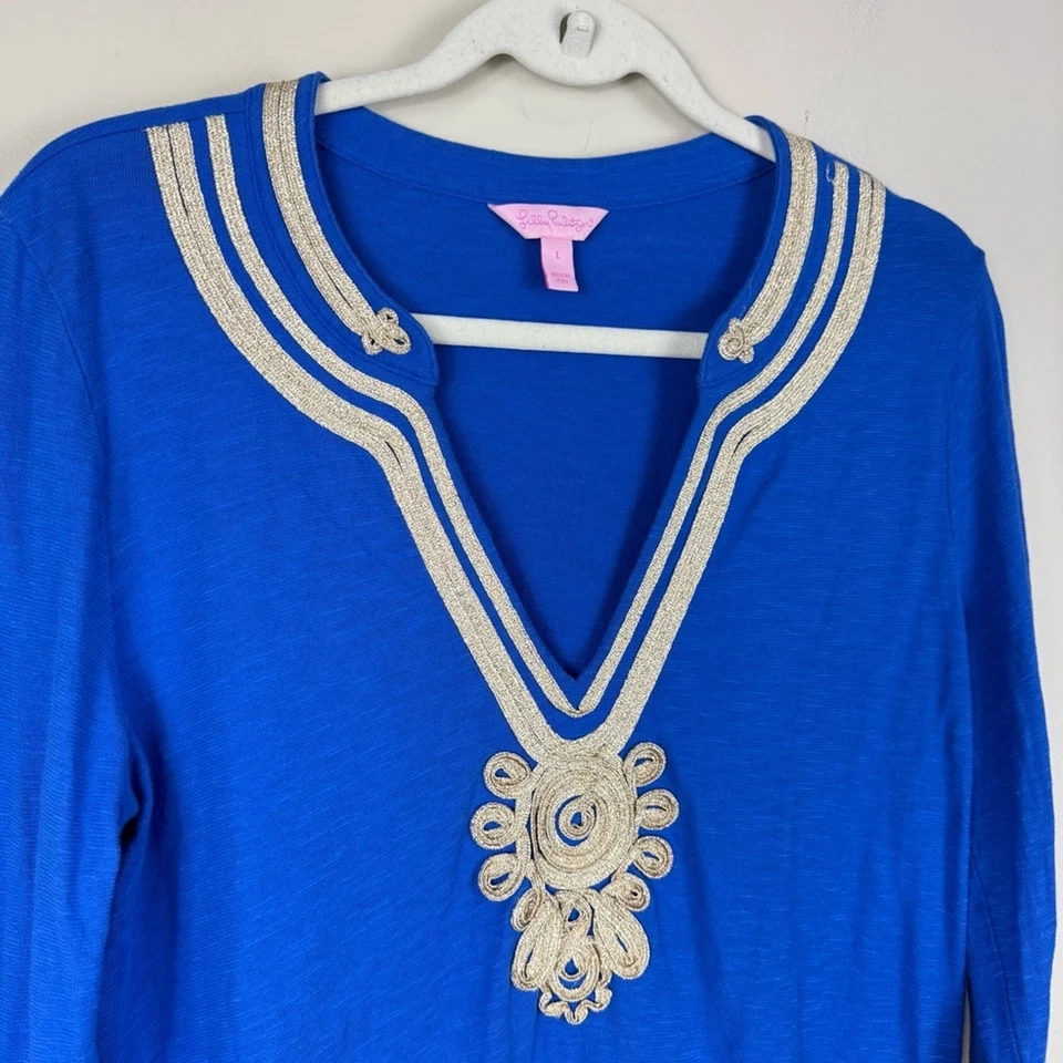 Top túnica Lilly Pulitzer Emerson para mujer grande azul dorado costa preppy playa Foto 3 de 4