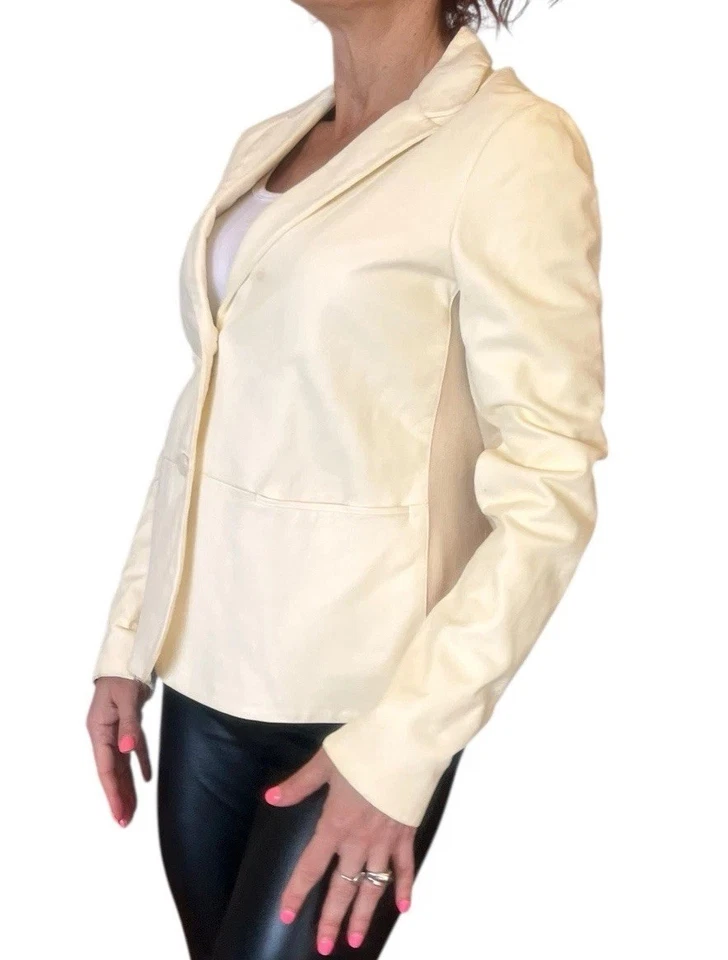 Chaqueta Blazer Vince Mujer Cuero Genuino Cuello Muesca Abotonada Crema Talla 8 Foto 3 de 4