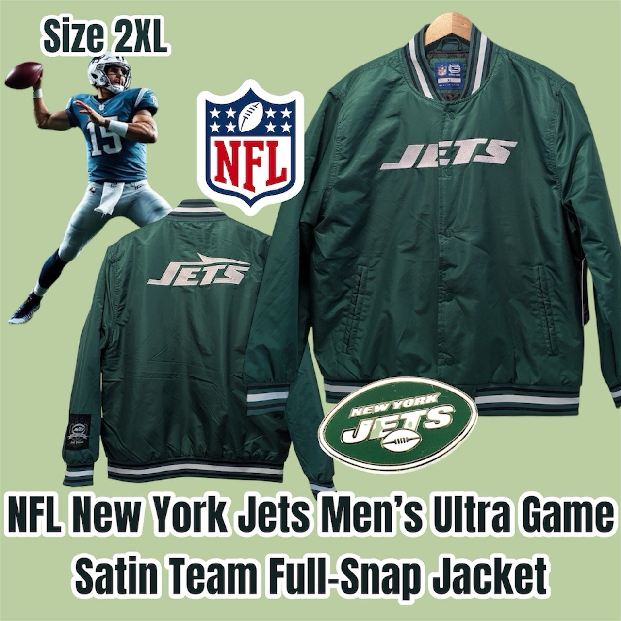 NFL New York Jets Men’s Ultra Game Satin Team Full-Snap Jacket, Size 2X (Green)