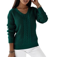 Womens Ladies Winter Cable Knitted V Neck Jumper Pullover Sweater Tops SIZE 8-22